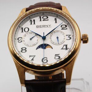 BERNY Gold Men's Multi-Function Quartz Watch - Moon Phase, Day & Date Functions